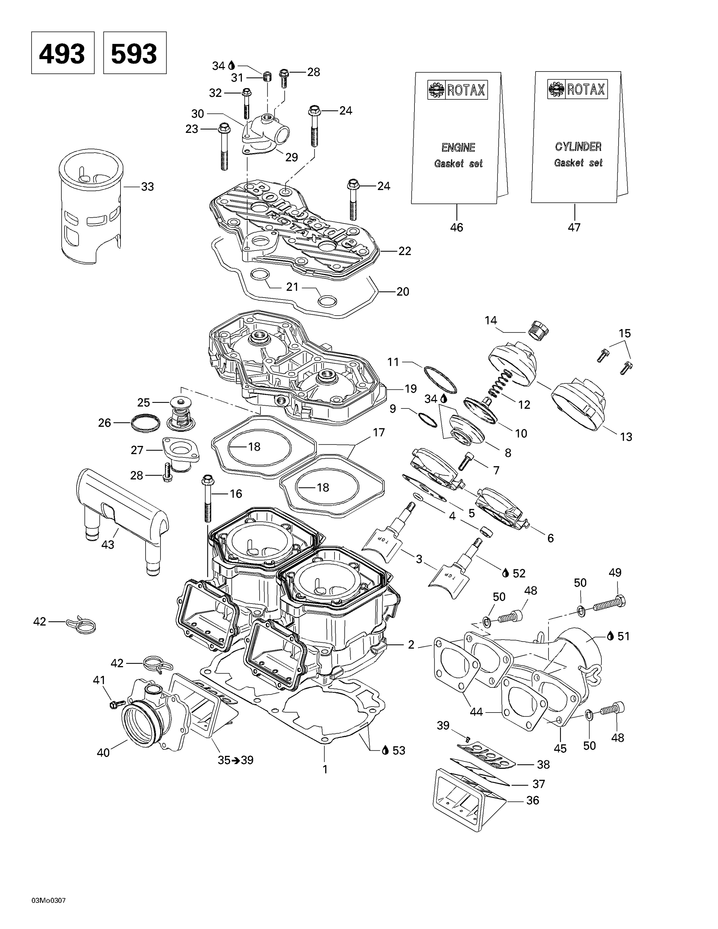 Схема узла: Cylinder, Exhaust Manifold, Reed Valve (493