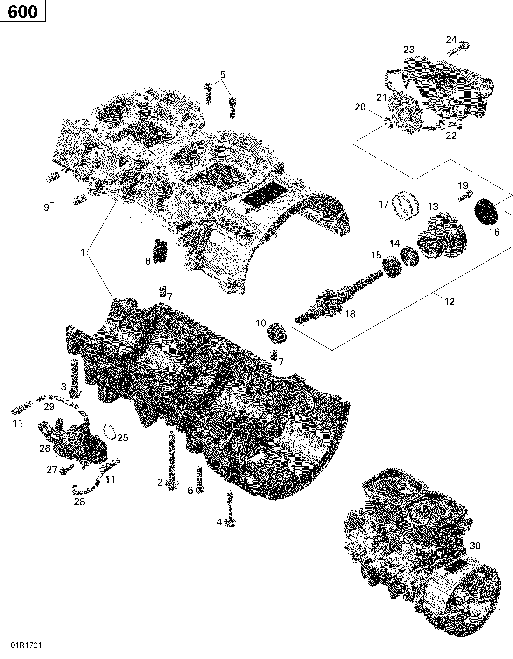 Crankcase, Water Pump and Oil Pump - 600 CARB