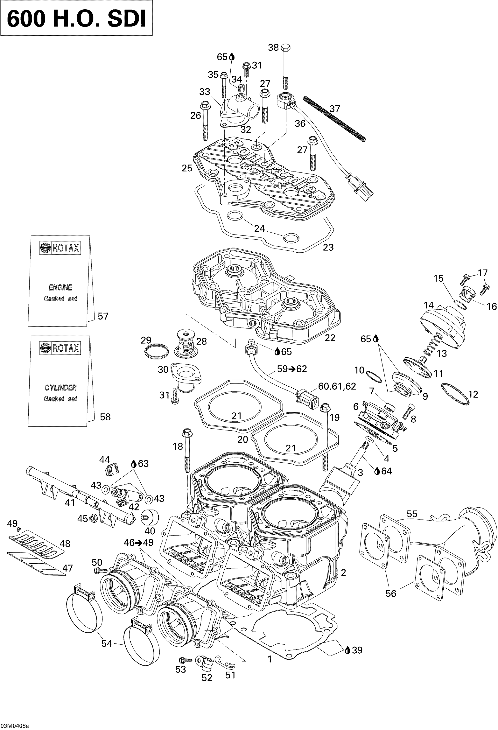 Схема узла: Cylinder, Exhaust Manifold, Reed Valve (600)