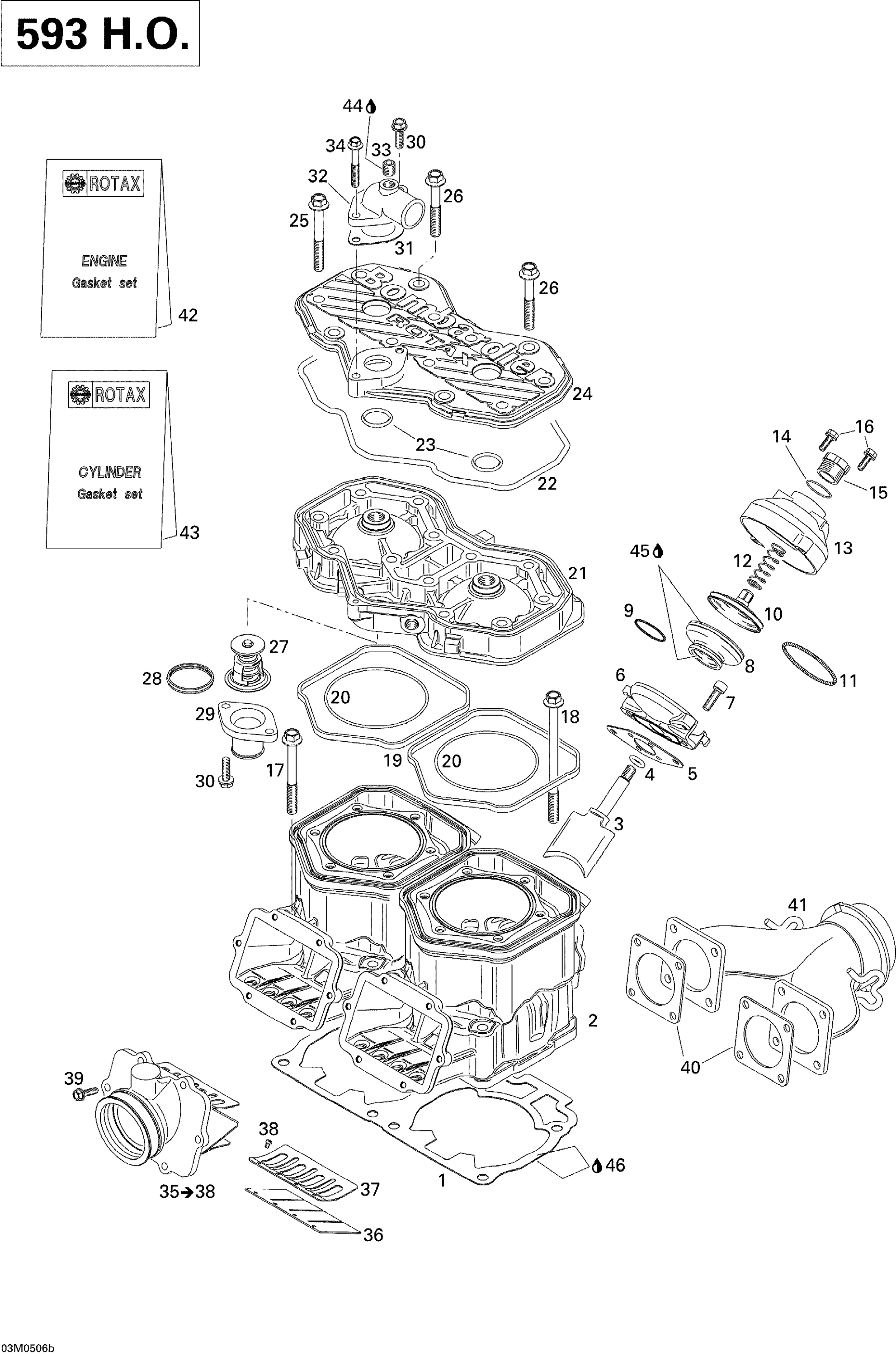 Схема узла: Cylinder, Exhaust Manifold And Reed Valve 593HO