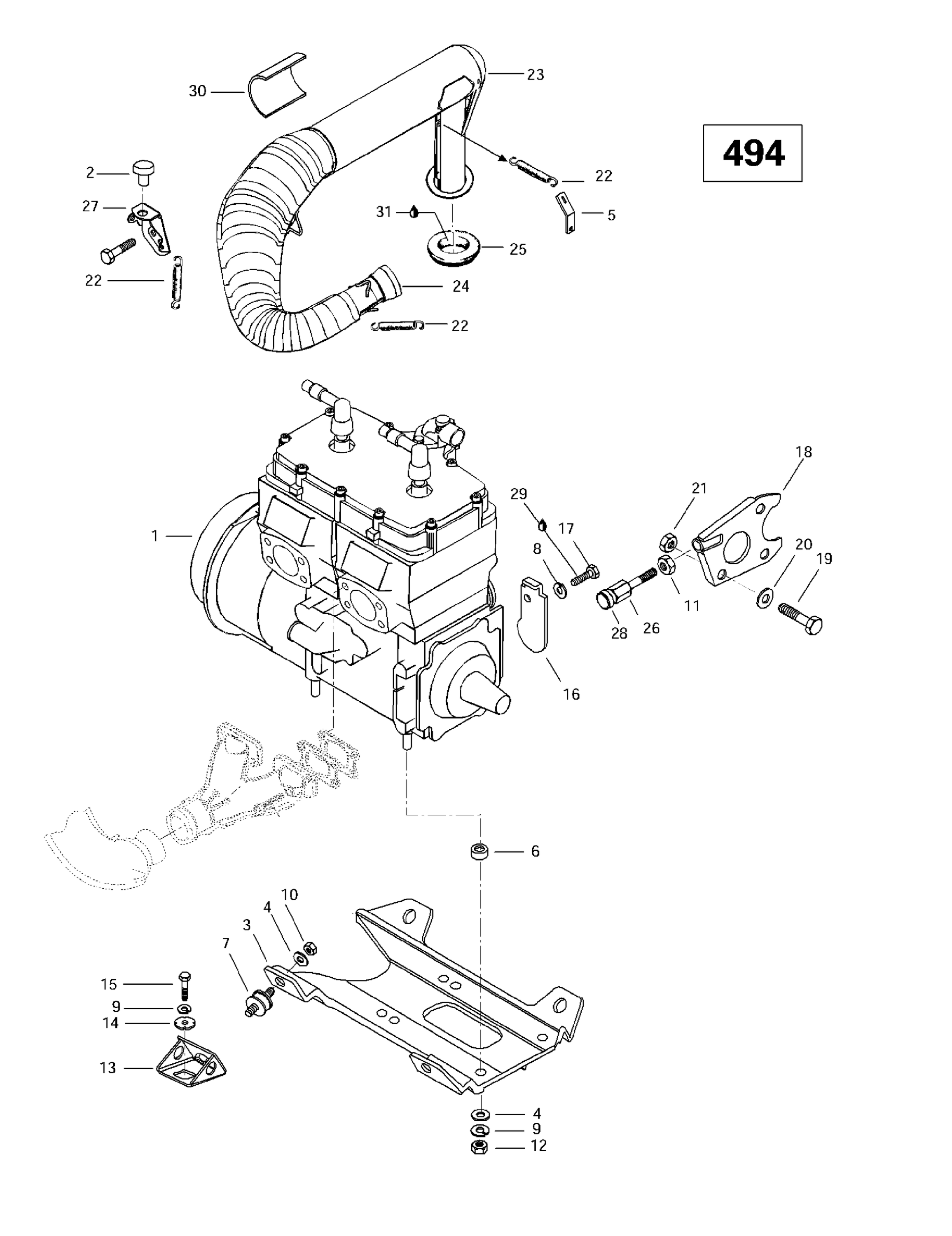 Схема узла: Engine Support And Muffler (494)